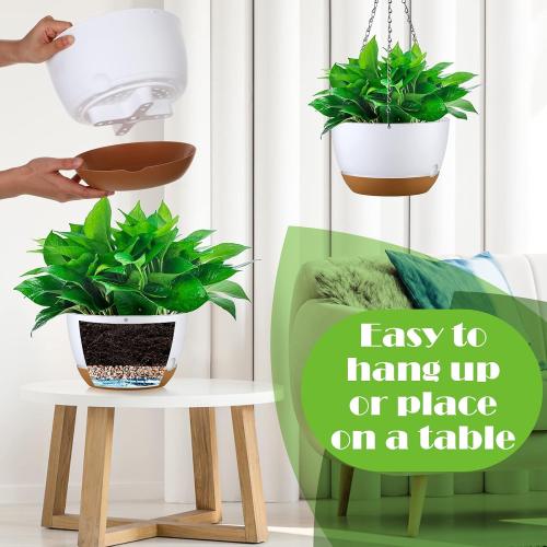 Remerry 6 Pcs 10 Inch Hanging Planter Hanging Plant Pot Plastic Round Hang Baskets for Plants Indoor Flower Pot with Drainage Holes Removable Trays for Garden Home Patio(White)