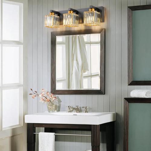 Black Gold Crystal Bathroom Vanity Light 3-Lights Modern Bathroom Lighting Fixtures Over Mirror, Wall Light Fixtures