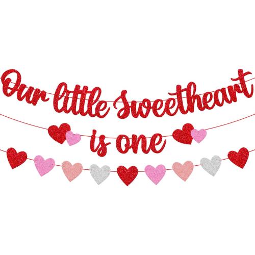 Our Little Sweetheart is One Banner Heart Garland for Kids Valentines Day 1st Birthday Party Decorations Romantic Red and Pink Glitter Party Supplies
