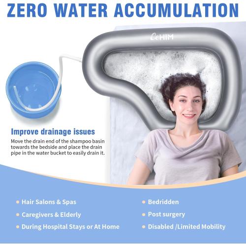 Portable Inflatable Shampoo Basin for Bedridden Elderly, Hair Washing Bowl with Drain Hose & Neck Support, PVC Inflatable Shampoo Bowl for Bedridden Patients, Disabled, Seniors, Kids, Home Care