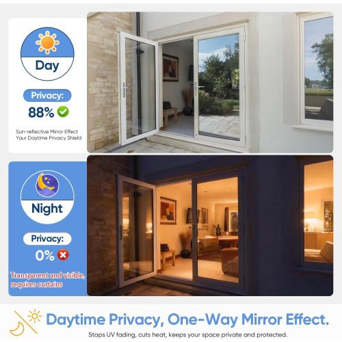 SUNBABY One Way Privacy Film Heat & UV Blocking, Static Cling No Glue Renter Friendly Cover for Home Bedroom, Office & Sliding Glass Door, 35.4 x 78.7 Inch with 3 Tools, Silver