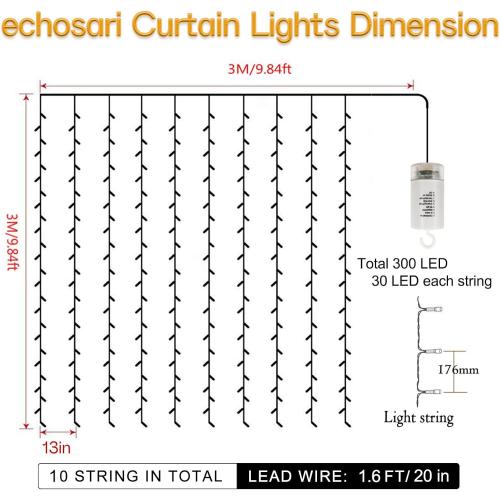 echosari 300 LED Curtain Lights Battery Operated, 9.8ft×9.8ft Hanging Light with Remote Timer Fairy Curtain Lights for Bedroom Patio Wedding Backdrop Party Decór (Warm White)