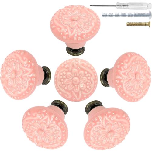 Biaungdo 6 Pcs Pink Ceramic Kitchen Cabinet Knobs and Pulls, Retro and Vintage Round Drawer Knobs for Cabinet, Drawer, Cupboard and Closet Door Handles