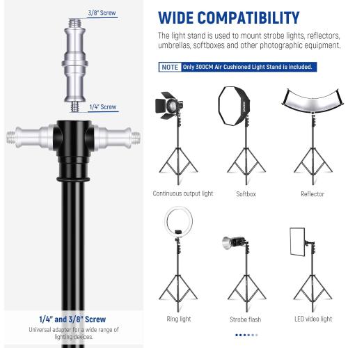 NEEWER 9.8ft/3m Air Cushioned Light Stand, Heavy Duty Metal Photography Tripod Stand with 1/4 to 3/8 Reversible Spigot, 3 Way Mounting Interface & Metal Locking Knobs, Max Load 5.5lb/2.5kg