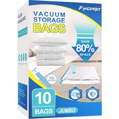 Vacuum Storage Bags with Hand Pump, Plastic Packaging Bags, 80% Space Saver Vacuum Seal Bags for Clothing, Travel Lugggage, Blankets, Comforters, 10 Jumbo