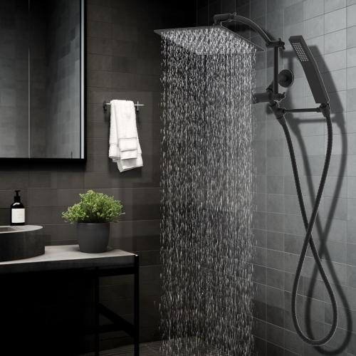 New Open for inspection Hibbent All Metal 10'' Rainfall Shower Head, Dual Shower Head Combo, High Pressure Handheld Shower Wand, 16'' Adjustable Arc-shaped Shower Extension Arm, 71'' Hose, Showerhead Holder, Matte Black