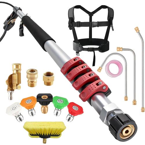 Gutter Cleaning Tools 24 FT Telescoping Pressure Washer 3 Extension Wands, Gutter Cleaner Attachment, Brush Head, 5 Spray Nozzle Tips, 3 Hose Adapters and Adjustable Support Belt ‼️missing pieces‼️