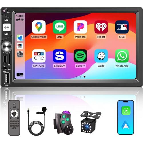 7” Wireless Apple CarPlay Double Din Car Stereo,FM Car Radio,Bluetooth 5.2,IPS Touchscreen 1024 * 600, Backup Camera,EQ Audio,Dual USB Type-c Charging,Subwoord,Android Auto,Navigation,CarPlay MP5