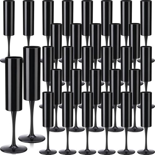 Domensi 30 Pcs Champagne Flutes Bulk Acrylic Goblet 6 oz High Stem Wine Glasses Champagne Cup Unbreakable Reusable for Christmas Halloween Valentine Birthday Wedding Party Decorations (Black)