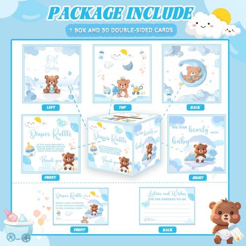 51 Pcs Diaper Raffle Tickets with Box for Baby Shower Games, Blue Baby Shower Game Box for Gender Reveal Party Decorations