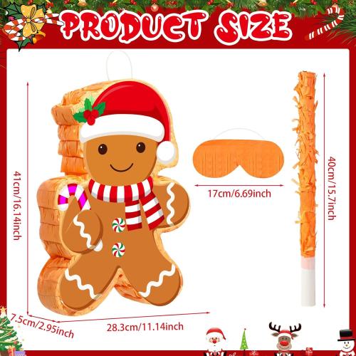 Christmas Gingerbread Man Piñata 16 Inch Mexican Piñata with Stick Blindfold Pack Christmas Prop Bundle for Xmas Birthday Holiday Game Favors Photo Prop Decoration
