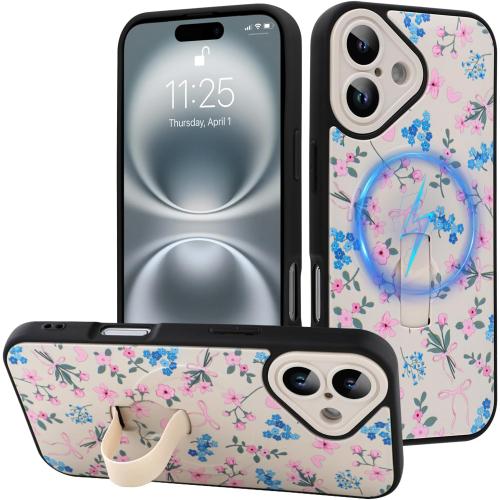 for iPhone 16 Case with Finger Strap Kickstand,Compatible with MagSafe,Cute Pink Flower Heart Bowknot Pattern for Women Girls,Full Camera Protection Aesthetic Shockproof TPU,White
