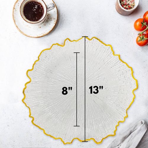 CN JIAHE 13inch Clear Acrylic Reef Gold Rim Charger Plates Set of 8 , for Dinner , Wedding , Party , Event Decoration.