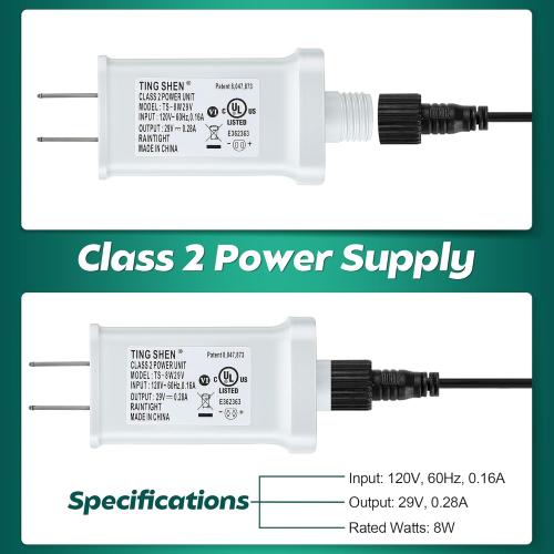 Enhon 29V LED Power Supply, UL Certified Transformer Replacement, Class 2 Power Supply, Low Voltage Transformer US Plug Adapter for Christmas Tree Light LED String Light, White (TS-8W29V)