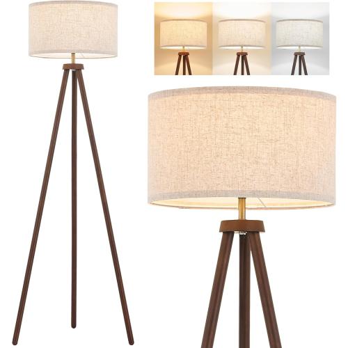 ELYONA Wood Tripod Floor Lamp Brushed Brass Metal & 3 Color Temperatures LED Bulb Vintage Wooded Standing Lamp Industrial Tall Light for Living Room Bedroom Office Beige Linen Shade Dark Brown & Gold