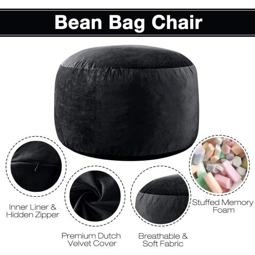 EDUJIN 3 ft Bean Bag Chair: 3' Memory Foam Bean Bag Chairs for Adults/Teens with Filling,Ultra Soft Dutch Velvet Cover, Round Fluffy Lazy Sofa for Living Room - 3Foot,Black