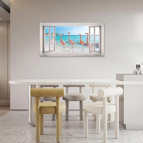 Flamingo Beach Ocean Large Wall Art Coastal Pictures Wall Decor Pink Flamingos Landscape 3d Window Big Canvas Prints Framed Modern Painting Artwork for Hotel Bathroom Living Room Office 60x30