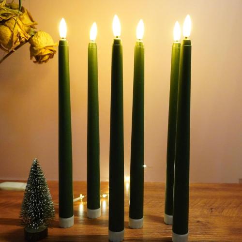6 Pack Green Flameless Taper Candles with Remote Timer, Flickering Battery Operated LED Candlesticks Set of 6