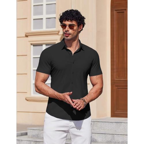 COOFANDY Mens Muscle Fit Dress Shirts Stretch Wrinkle Free Short Sleeve Button Down Shirt Casual Solid Untucked Shirt (XL)