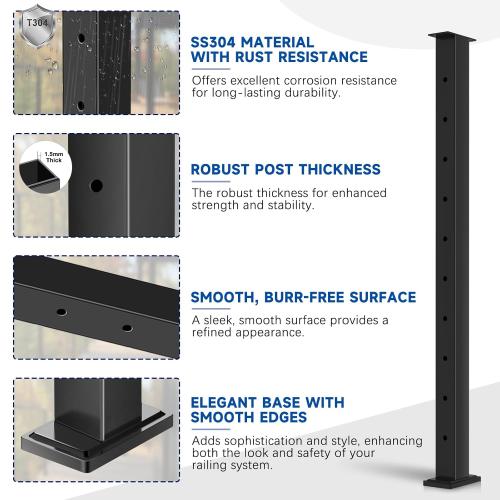 36 Cable Railing Post, Fixed Top Level Drilled Line Post with Cable Grommets, Stainless Steel Black Powder Coated Finish Handrail Post, Heavy-Duty Wire Railing Post for Wood/Concrete Deck