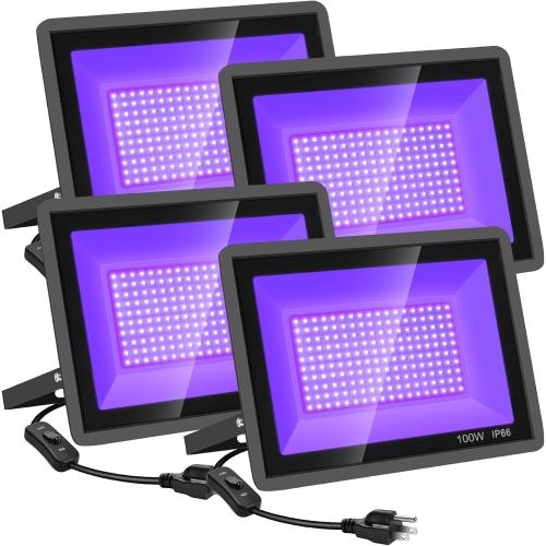 300W 4 Pack 100W LED Black Lights, Blacklight Flood Light with Plug and Switch, 120VAC IP66 Waterproof Blacklight for Halloween Party, Glow in The Dark, Stage Light, Body Paint, Neon Glow