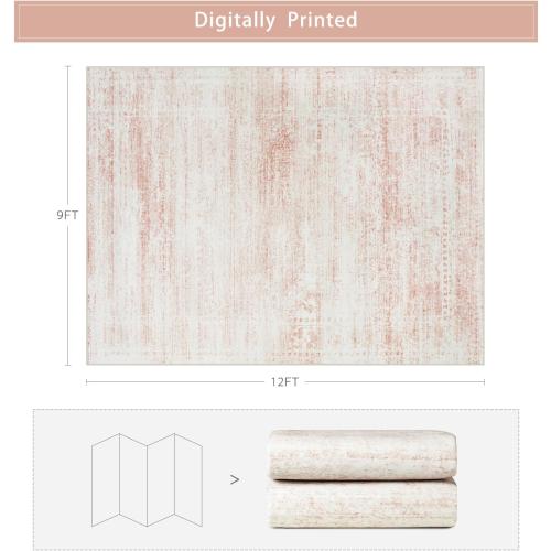 Srugn Washable Rugs 9x12 Area Rugs for Living Room,Rugs for Bedroom,Large Carpets,Ultra Soft Faux Wool Retro Dining Room Rug,Non Slip&Non-Shedding Low Pile Vintage Print Rug for Home Office-Pink White