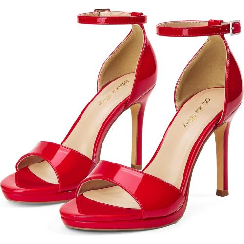 Elisabet Tang Women's Platform Heeled Sandals 4 Inch Stilettos Round Open Toe Strappy Sexy High Heels Ankle Strap Buckle Heels for Party Wedding Dressy Shoes size 39