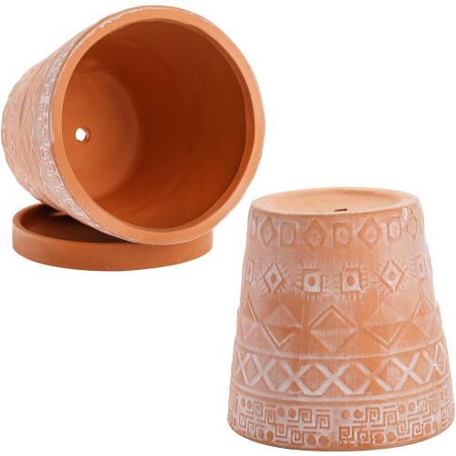 Cedilis 2 Pack Terracotta Pots, 5 Inch Red Clay Planter Pots with Drainage and Saucers, Ceramic Pottery Succulent Planter, Garden Cactus Flower Planters with White Geometric Designs