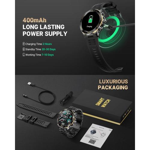 Smart Watch for Men Answer/Make Call for Android iPhone, 1.43 AMOLED HD Screen Mens Luxury Watch, 400mAh Heavy Duty Smartwatch Heart Rate Blood Oxygen Blood Pressure Sleep Monitor Pedometer, 2 Straps