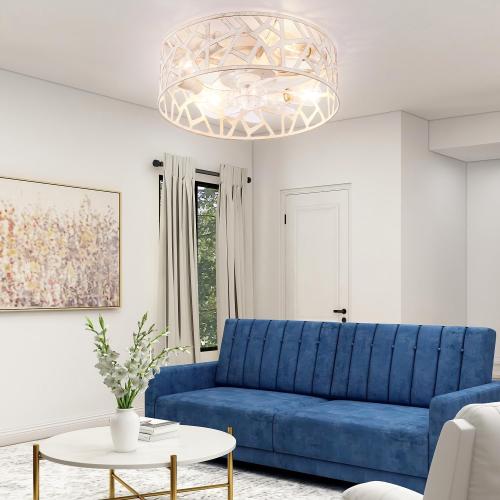 Flush Mount Fandelier Ceiling Fan with Lights and Remote, 18 inch Caged Ceiling Fan with Light Vintage White, Farmhouse Ceiling Fans for Bedroom, Kitchen, Living Room