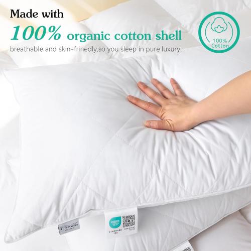 Three Geese White Goose Feather Cotton Pillows Standard Size- Soft 600 Thread Count 100% Cotton, Medium Firm,Soft Support Surround Fill Cotton (Standard Size:Pack of 2)
