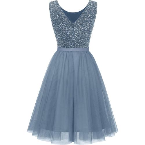 Size S BeryLove Sequin Dress Vintage A Line Wedding Formal Swing Tulle Dress Sleeveless Cocktail Mini Dress