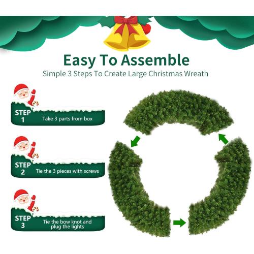 VINCONLIDY 48in Prelit Christmas Wreath - Large Outdoor Christmas Wreath with Lighted Red Christmas Bow, Metal Hook, 714 Branch Tips & 250 Multicolor LED Lights for Front Door Window Holidy Decor