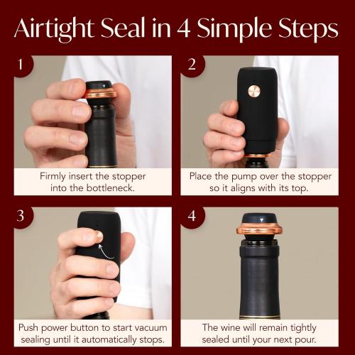 Electric Wine Preserver - Rechargeable Vacuum Saver With Airtight Seal - Automatic Air Remover Pump for 10 Days of Flavor & Freshness - Preservation System (Black & Rose Gold)