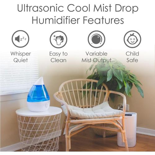 Crane Ultrasonic Cool Mist Teardrop Humidifier for Baby Nursery, Bedroom, Office, Large Room, Adjustable Humidity, Auto Shut-Off, Easy Clean Blue & White 1 Gallon