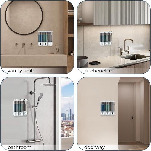 Shampoo and Conditioner Dispenser, Pollock Shower Soap Dispenser 3 Chamber No Drill, Wall Mounted Shampoo Body Wash Conditioner for Bathroom Large Capacity,White