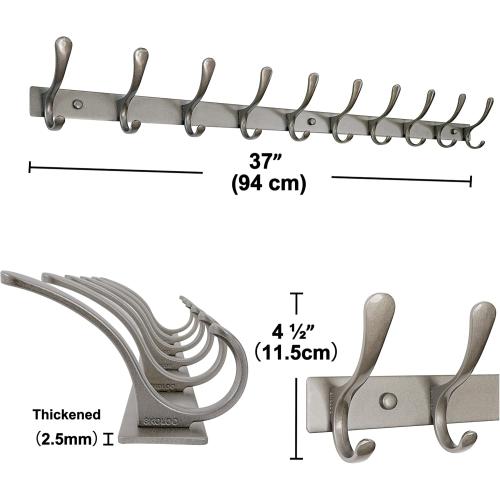 SKOLOO Coat Rack Wall Mounted - 10 Hooks, Pack of 2, Heavy Duty, Stainless Steel, Metal Wall Hangers, Sturdy Coat Hooks for Hanging Coats, Jacket, Clothes, Hat, Matte Grey