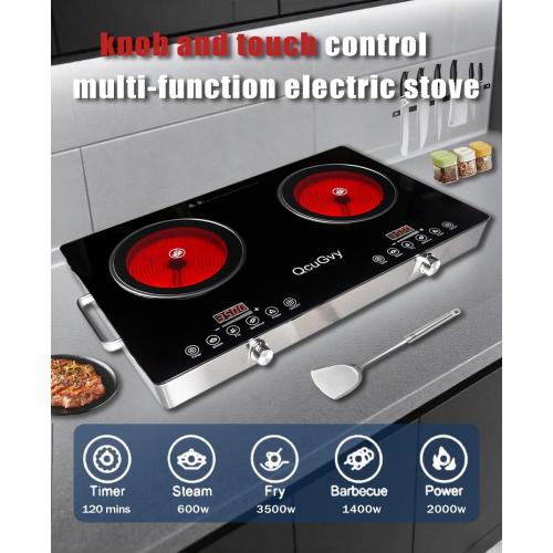 23 Portable Infrared 2 Burner 3500 Electri Burner with 2 Hours Timer-Electric Hot Plate Touch Control Panel Adjustable Heating Power Glass Plate Electric Cooktop for Cooking