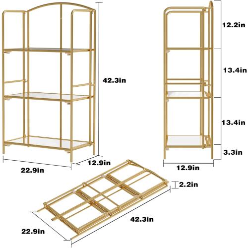 Crofy No Assembly Folding Bookshelf for Living Room, 3 Tier Gold Collapsible Book Shelf for Home Office, Portable Bookcase Storage Organizer