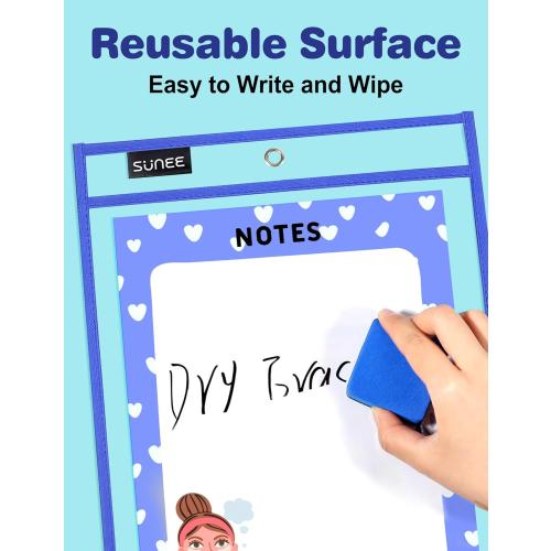 SUNEE 50 Packs Oversized Reusable Dry Erase Pocket Sleeves with 3 Rings, 10 Assorted Colors 10x14 Ticket Holders, Clear Plastic Sheet Protectors, Teacher School Classroom Supplies