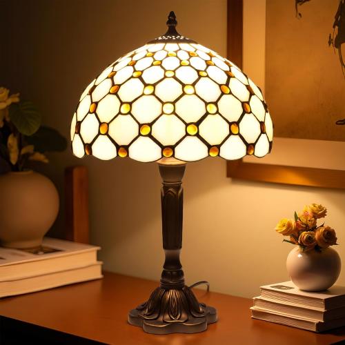 Tiffany Style Stained Glass Lamp with Yellow Beads, 12-Inch Table Lamp – Handcrafted Vintage Accent Light for Living Room, Bedroom, or Office, Includes LED Bulb