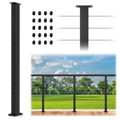 36 Cable Railing Post, Fixed Top Level Drilled Line Post with Cable Grommets, Stainless Steel Black Powder Coated Finish Handrail Post, Heavy-Duty Wire Railing Post for Wood/Concrete Deck