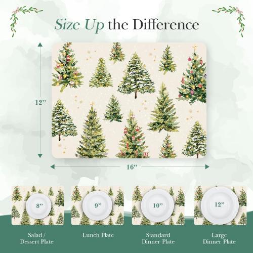 Cork Placemats Set of 4 with Matching Coasters, Heat Resistant, Rectangular 16.15 x 12.2 Inches, Non-Slip, for Dining Table, Christmas (Xmas Trees, Set of 4)