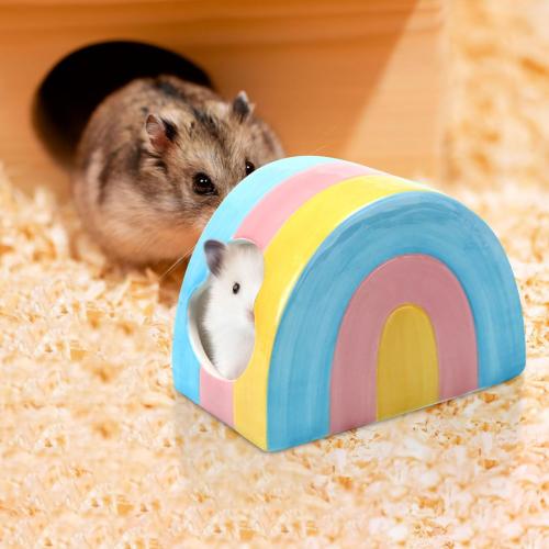 Ceramic Hamster Hideaway Colorful Rainbow House with Double Doors Mini Hut Sleeping Nest Hideout Cave Cage Accessories Small Animal Habitat Decor for Dwarf Hamsters Hedgehog (5.23 × 3.26 × 3.26 Inch)