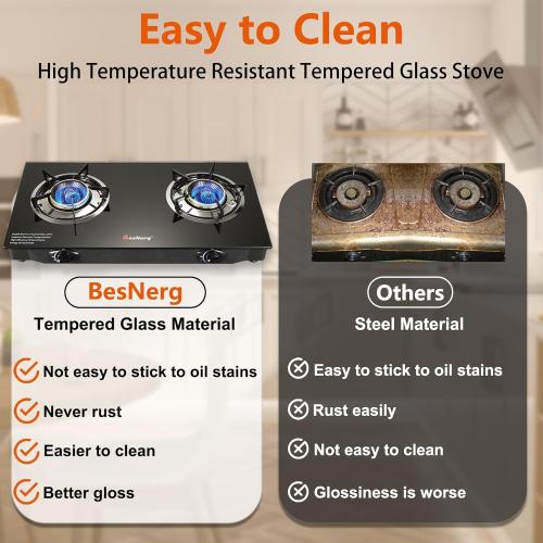 Propane Stove 2 Burner Gas Stove, 28800 BTU High-Efficiency Auto Ignition Tempered Glass LPG Cooktop with CSA Regulator and Hose – for Outdoor Camping, RV, and Emergency Cooking