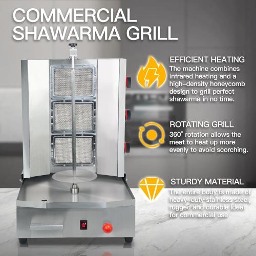 3 Burners Shawarma Grill Machine Commercial Vertical Rotisserie Grill Gyro Meat Doner Kebab Machine for Kitchen Restaurant