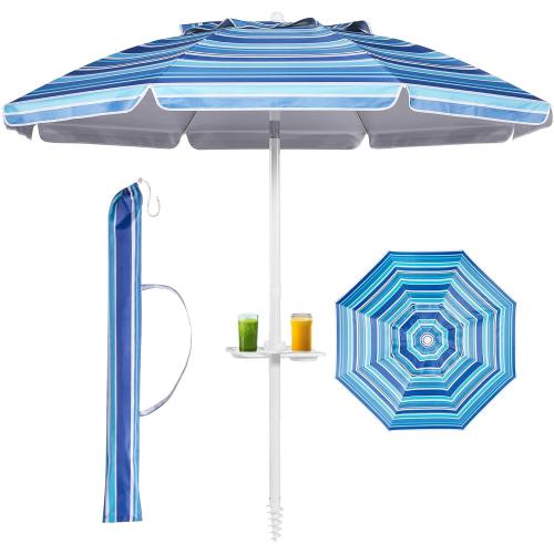 Blue 8ft Aoxun Beach Umbrella with Tray and Tilt Pole Portable Patio Umbrella with Sand Anchor and Carry Bag Outdoor UPF 50  Sun Shelter with Air Vents Design (Navy Blue)
