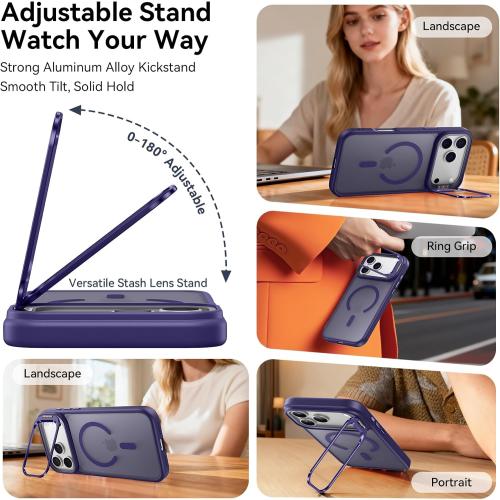 for iPhone 17 Pro Max Case with Stash Lens Stand and 9H Screen Protector, Compatible with MagSafe, Military-Grade Drop Protection Phone Case for iPhone 17 Pro Max, 360° Full Protection, Purple