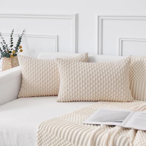 Kevin Textile 14x24 Inch Pillow Cover 1 Pack Boho Decorative Soft Striped Corduroy Lumbar Farmhouse Solid Color Accent Rectangle Cushion Case for Living Room Couch Sofa Bed, Cream White