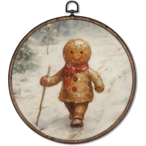 Giosve Winter Christmas Gingerbread Round Wall Art Canvas Framed Poster, Cozy Retro Winter Christmas Gingerbread Forest Hanging Wall Sculptures for Home Bedroom Living Room Decor, 10x10 Inch